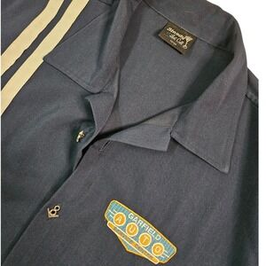 Steady Last Call Bowling Shirt Mens Large Navy Blue Retro Garfield Auto Patch